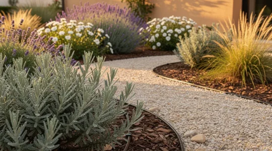 Jardín mediterráneo con plantas xerófilas y sistema de riego por goteo durante el verano