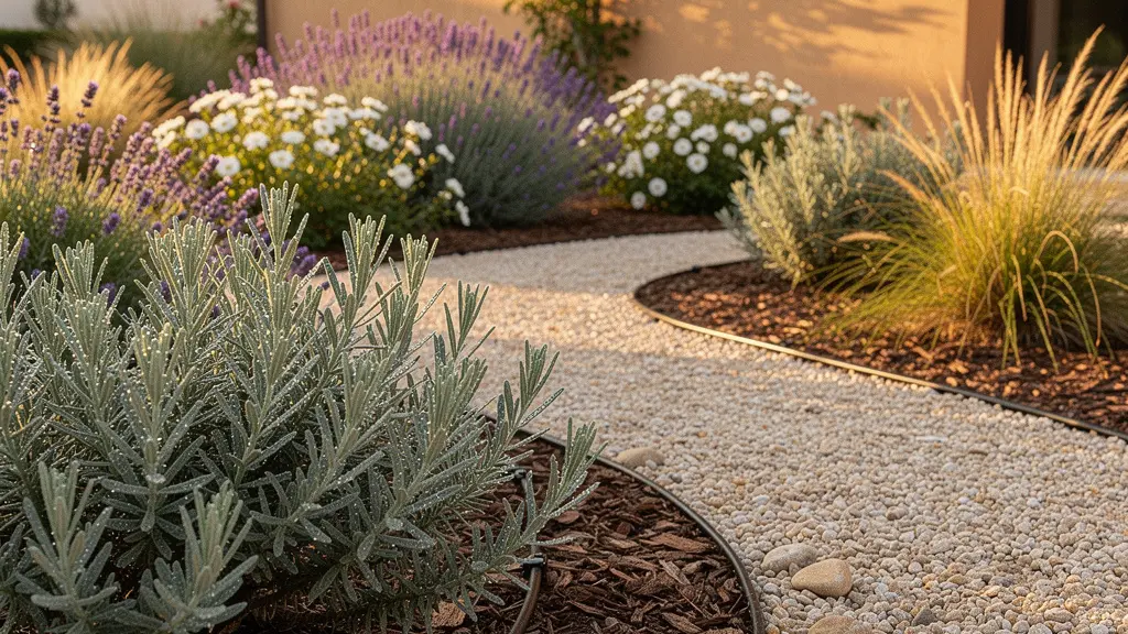 Jardín mediterráneo con plantas xerófilas y sistema de riego por goteo durante el verano