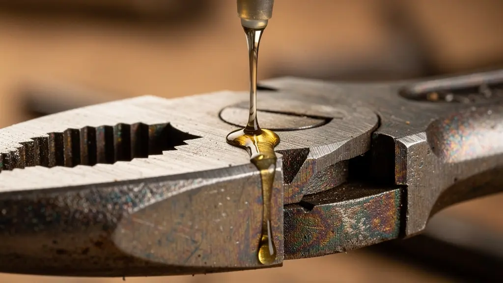 Detalle macro de aplicación de aceite protector en herramienta metálica con gotas visibles
