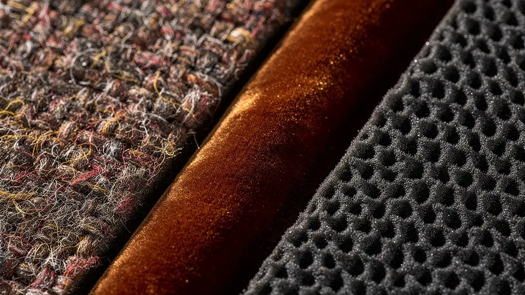 Detalle macro de diferentes texturas de materiales acústicos mostrando fibras de lana, terciopelo y espuma técnica