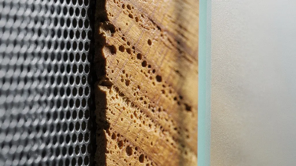 Detalle macro de diferentes materiales de mueble TV mostrando texturas