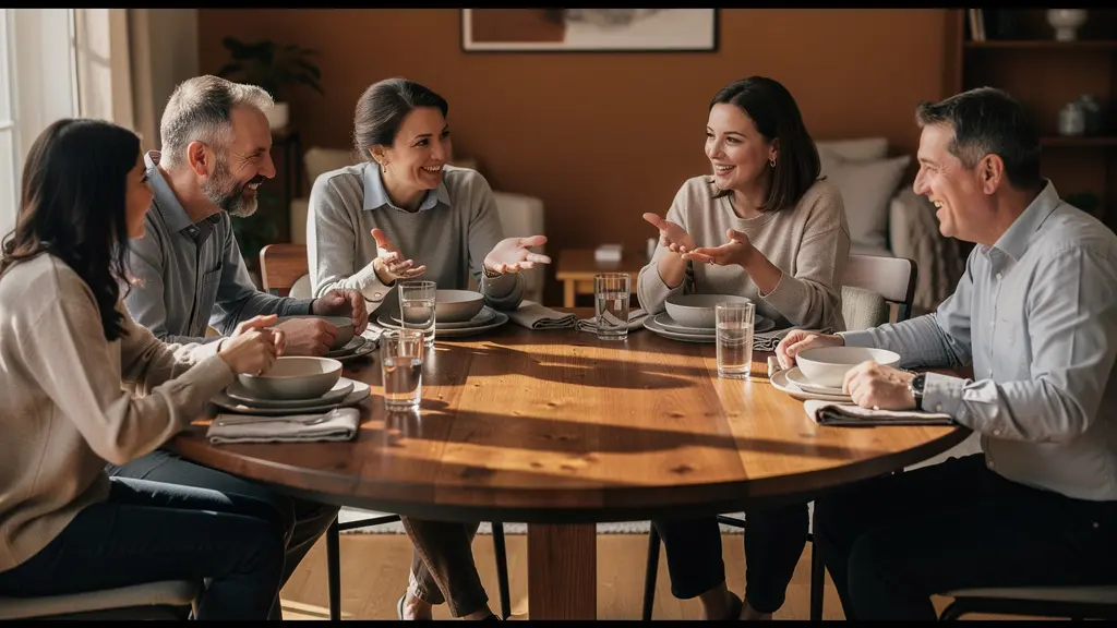Mesa redonda de madera con seis sillas en comedor iluminado naturalmente, dispuesta para conversación grupal