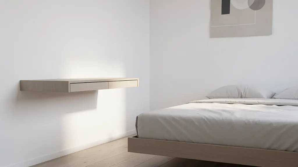 Vista lateral de un dormitorio pequeño con mesilla flotante y espacio despejado bajo la cama