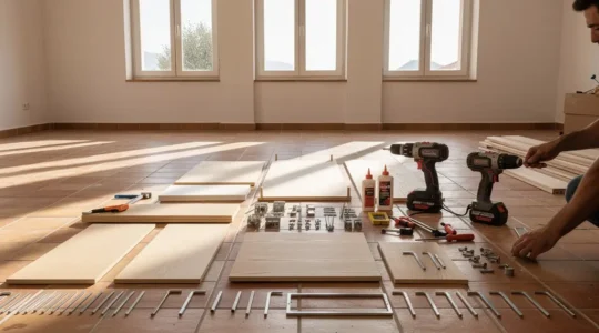 Montaje experto de mueble en kit con herramientas profesionales en un espacio luminoso español