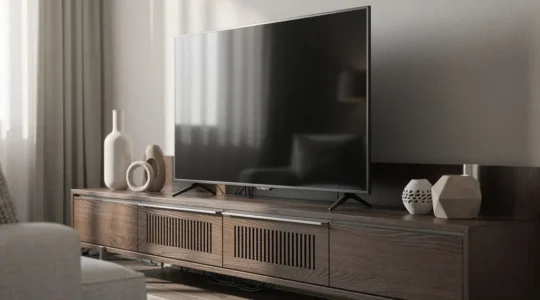 Sala de estar moderna con mueble de TV elegante y pantalla de 65 pulgadas perfectamente equilibrada
