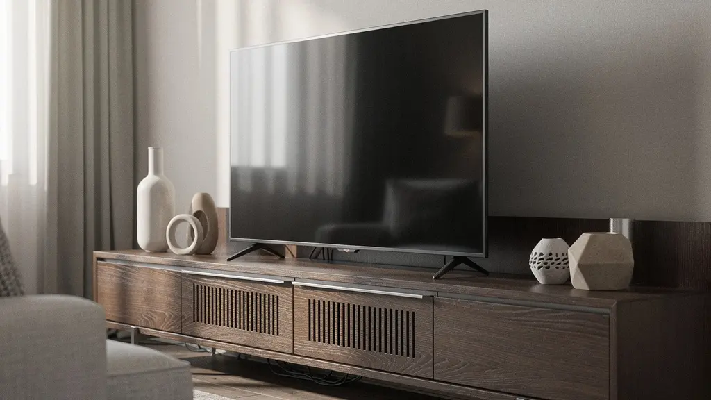 Sala de estar moderna con mueble de TV elegante y pantalla de 65 pulgadas perfectamente equilibrada