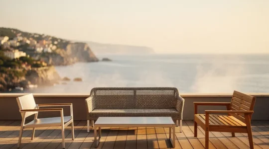 Comparación visual de muebles de jardín en aluminio, resina y madera bajo el sol mediterráneo