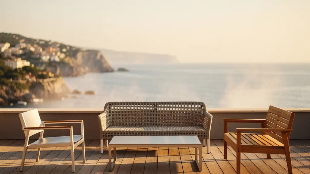 Comparación visual de muebles de jardín en aluminio, resina y madera bajo el sol mediterráneo