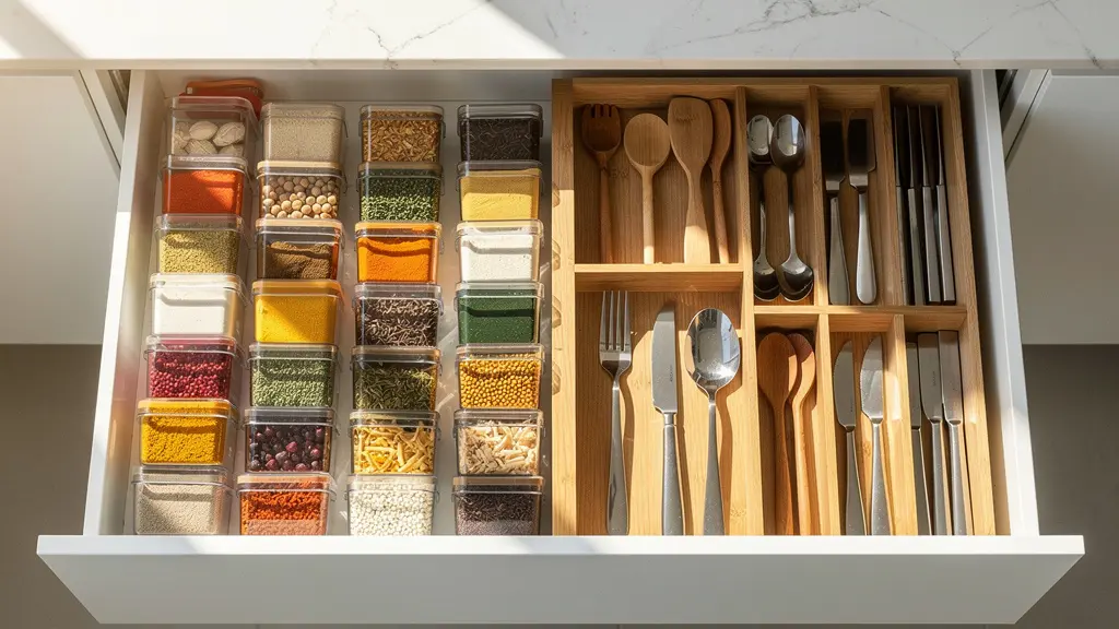 Vista cenital de cajones de cocina abiertos perfectamente organizados con separadores de madera y contenedores transparentes
