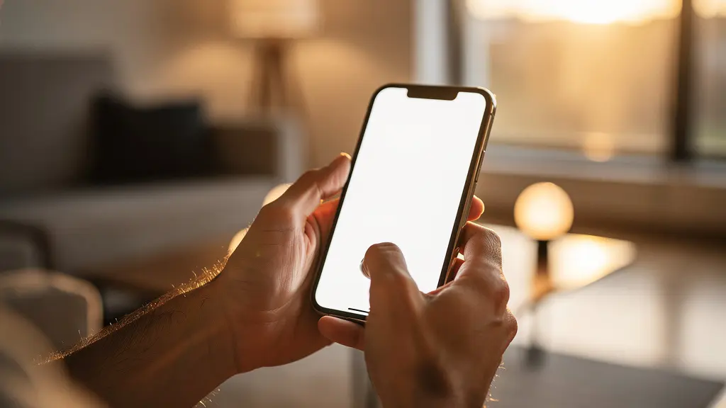 Mano sosteniendo smartphone mostrando interfaz de control de luces organizadas por habitaciones