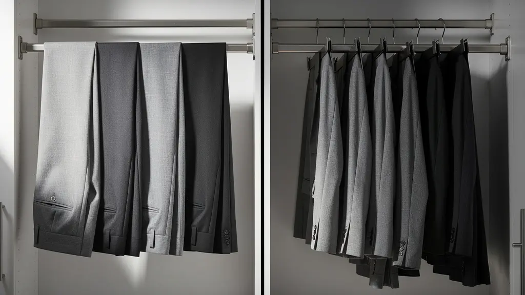 Comparación visual entre pantalonero extraíble y sistema de perchas múltiples en armario
