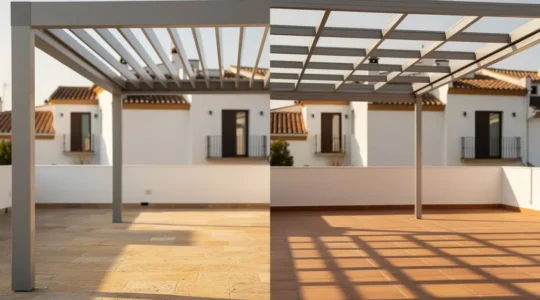 Comparación visual de pérgola bioclimática y toldo cofre en terraza mediterránea