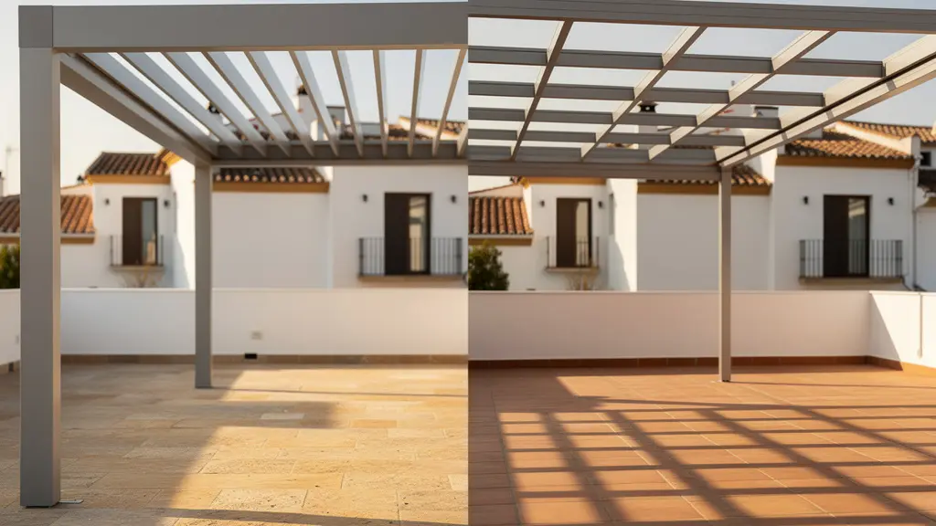 Comparación visual de pérgola bioclimática y toldo cofre en terraza mediterránea