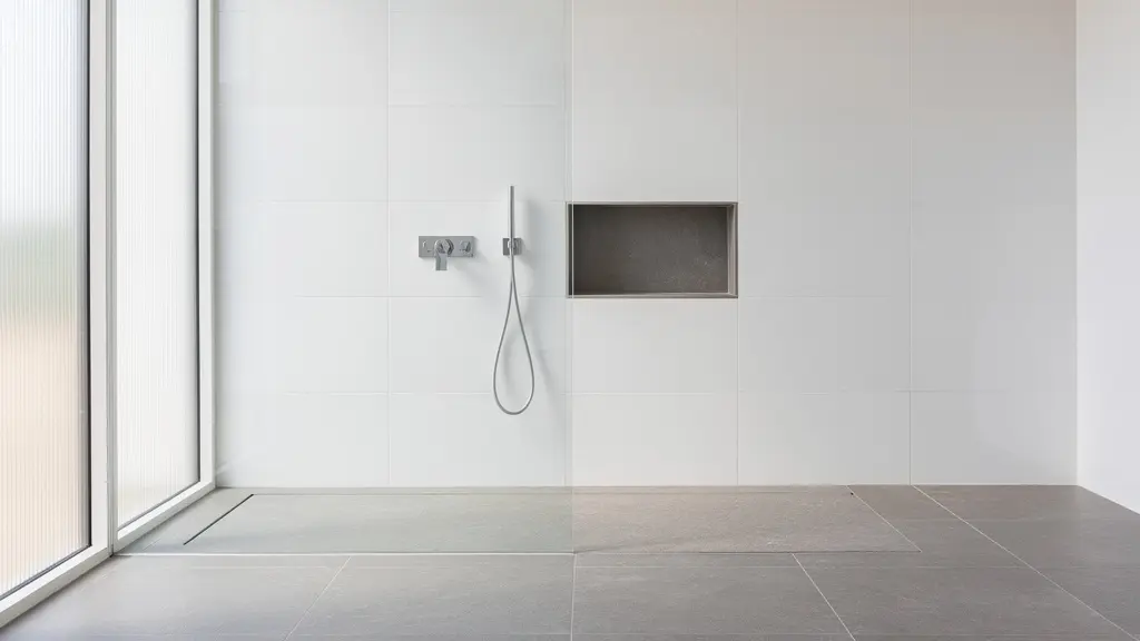 Plato de ducha de resina extraplano en baño moderno con azulejos de gran formato y acabado minimalista