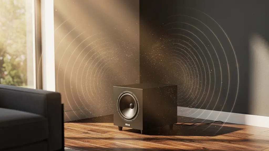 Diagrama visual mostrando las ondas sonoras y posiciones óptimas del subwoofer en un salón