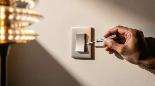 Instalación de dimmer con bombillas LED parpadeantes mostrando herramientas y componentes eléctricos