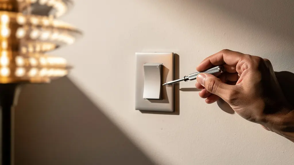 Instalación de dimmer con bombillas LED parpadeantes mostrando herramientas y componentes eléctricos
