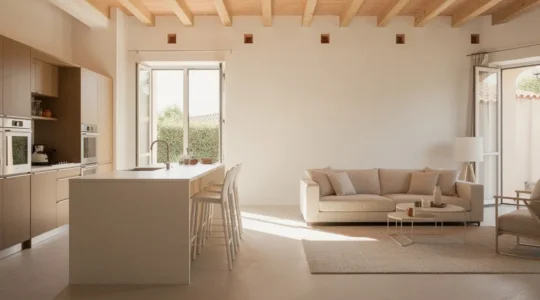 Vista amplia de un espacio de cocina y salón integrados con distribución abierta en una vivienda reformada moderna