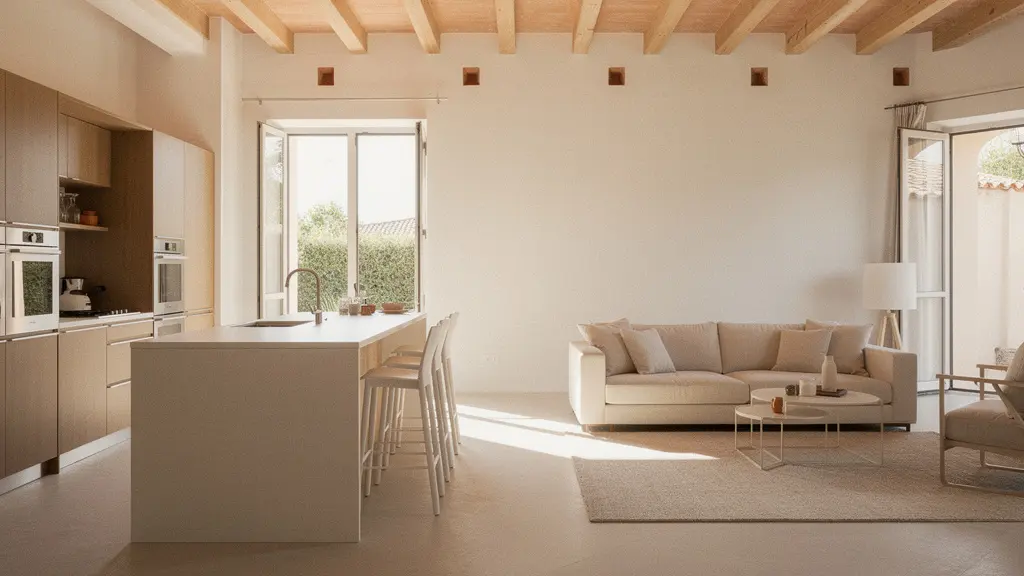 Vista amplia de un espacio de cocina y salón integrados con distribución abierta en una vivienda reformada moderna