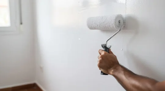 Rodillo profesional de microfibra aplicando pintura blanca sobre pared lisa con técnica perfecta