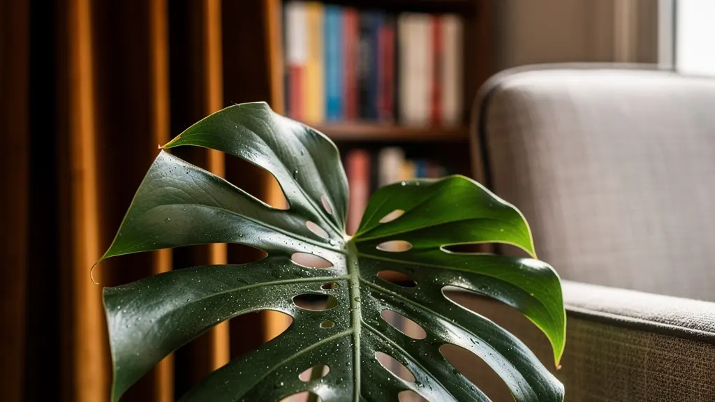 Salón con abundantes plantas de hojas grandes, cortinas de terciopelo y librería llena como elementos acústicos naturales