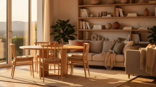 Salón comedor luminoso con mesa redonda de madera y sofás dispuestos en ángulo, ambiente cálido para conversación familiar