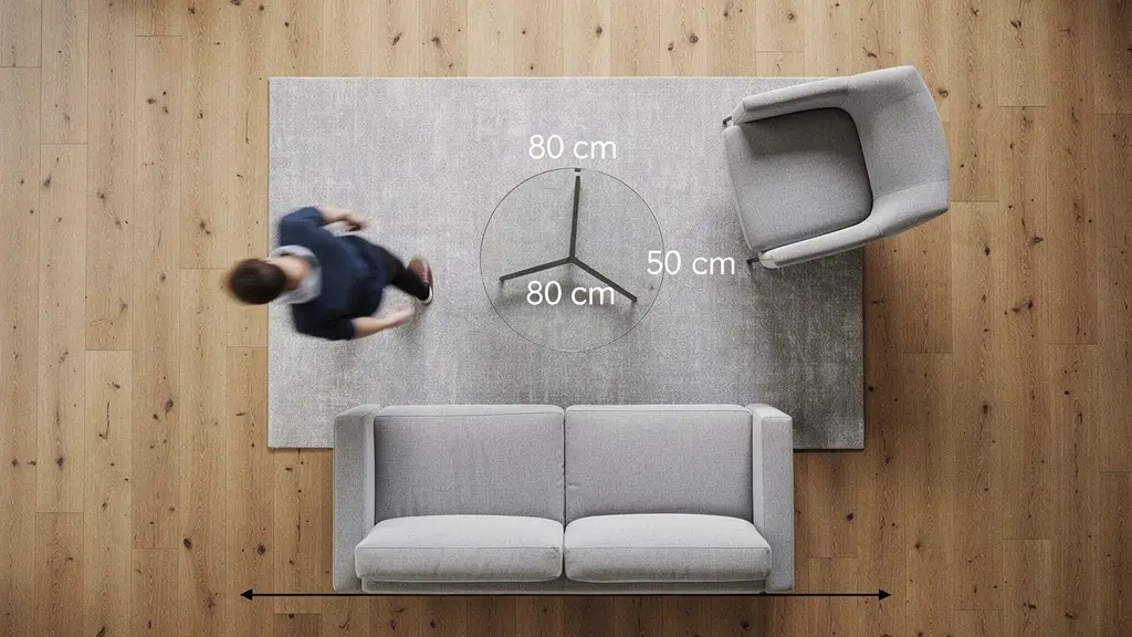 Vista cenital de salón pequeño mostrando espacios de circulación y aire entre muebles