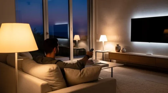 Salón moderno con iluminación LED regulable mostrando diferentes ambientes y tonalidades de luz