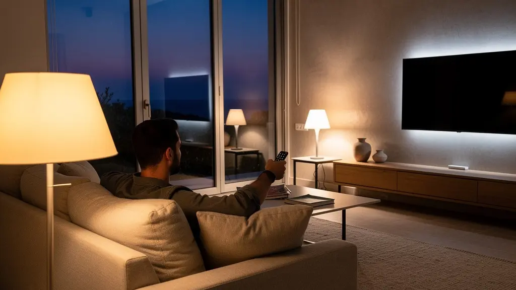 Salón moderno con iluminación LED regulable mostrando diferentes ambientes y tonalidades de luz
