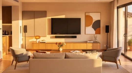 Salón moderno con sistema de cine en casa perfectamente integrado y cables ocultos