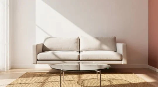 Salón pequeño moderno con muebles perfectamente distribuidos y espacios despejados