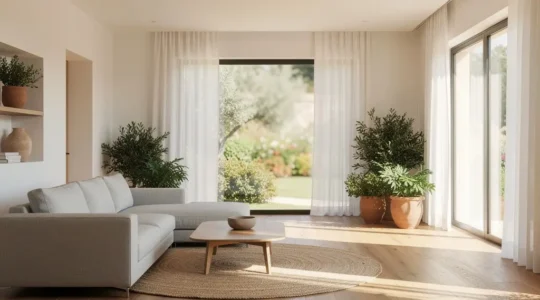 Salón rectangular amplio con distribución diagonal de muebles y luz natural