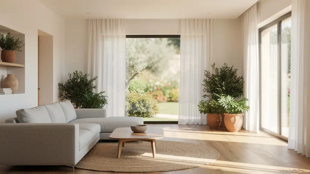 Salón rectangular amplio con distribución diagonal de muebles y luz natural