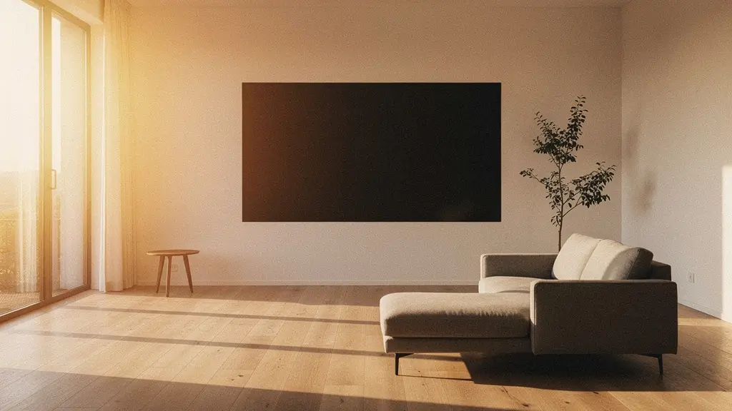 Salón rectangular amplio con sofá chaise longue color neutro, luz natural desde ventana lateral y distribución armoniosa del espacio