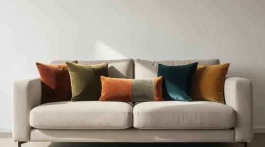 Sofá decorado con cojines de diferentes tamaños y texturas en tonos neutros y acentos de color