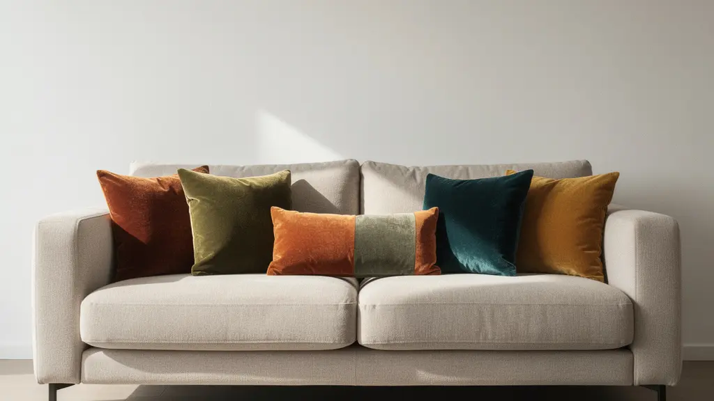 Sofá decorado con cojines de diferentes tamaños y texturas en tonos neutros y acentos de color