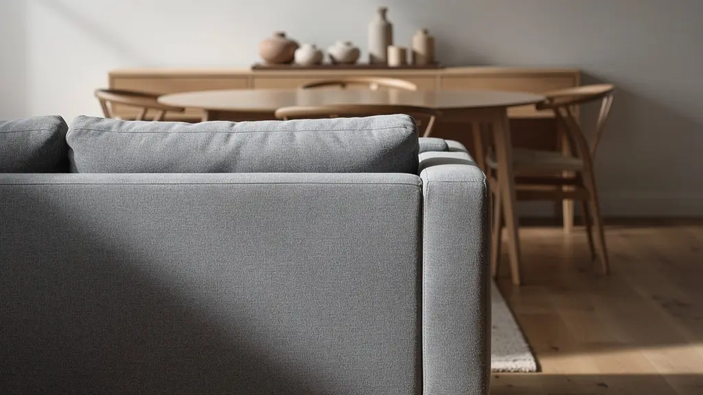 Salón con sofá usado como separador entre zona estar y comedor