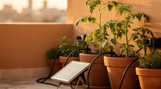 Sistema de riego por goteo solar instalado en una terraza mediterránea con plantas y macetas