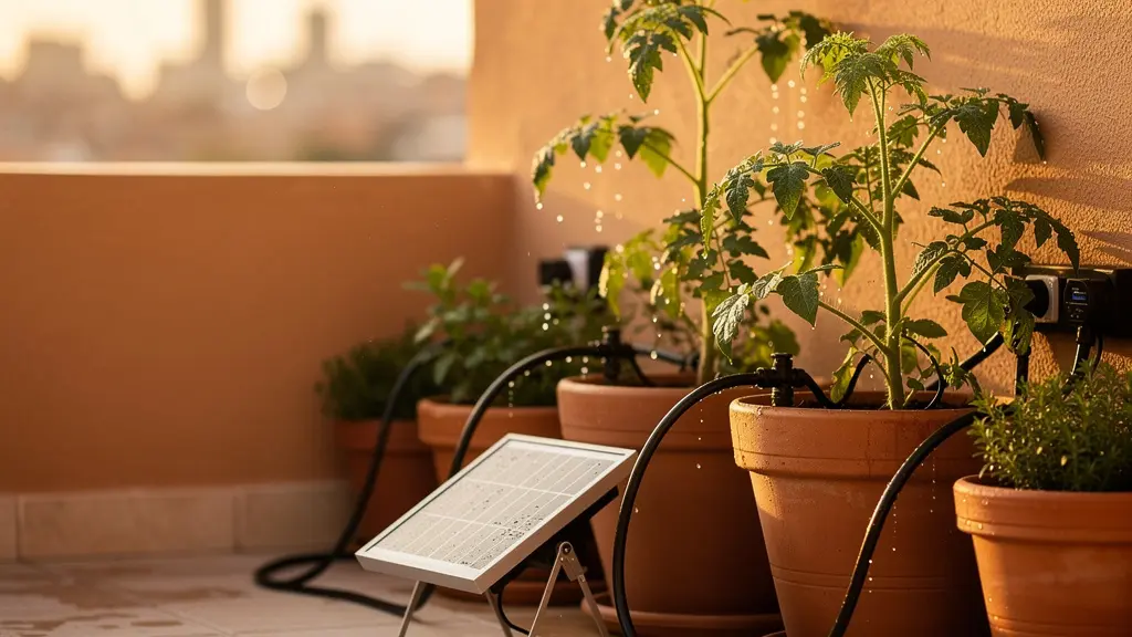 Sistema de riego por goteo solar instalado en una terraza mediterránea con plantas y macetas
