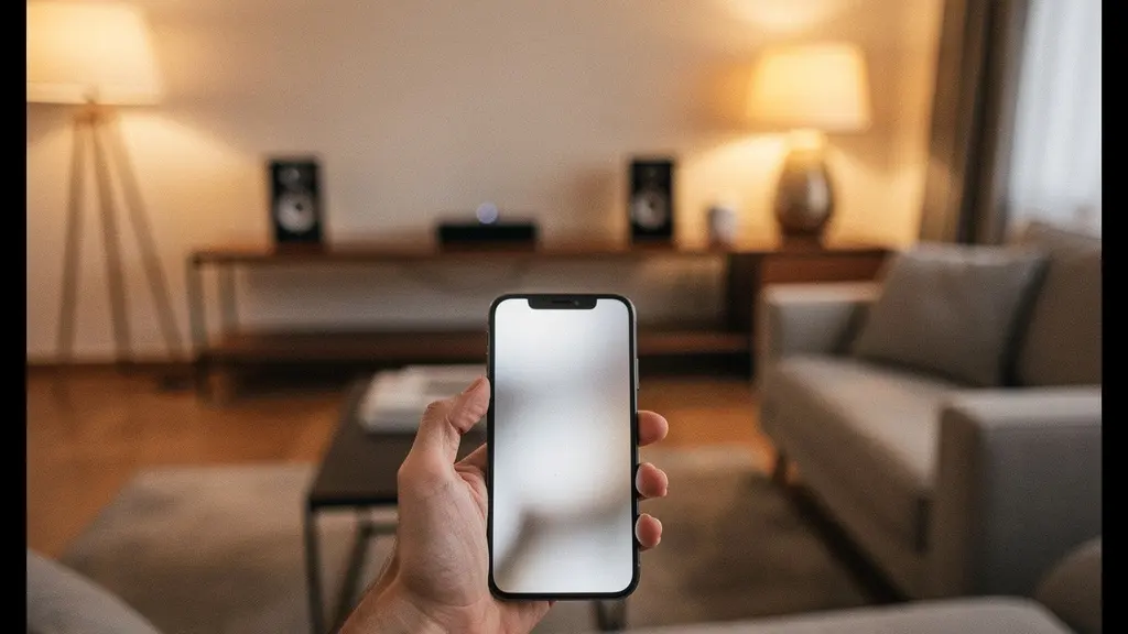 Mano sosteniendo smartphone con gráficos de consumo energético en salón moderno