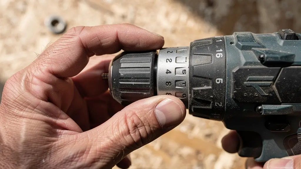 Mano ajustando el selector de par de apriete en un taladro eléctrico para trabajo en aglomerado
