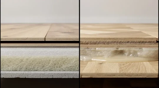 Comparación visual de instalación de tarima flotante y parquet encolado con capas de aislamiento acústico en un piso entre plantas