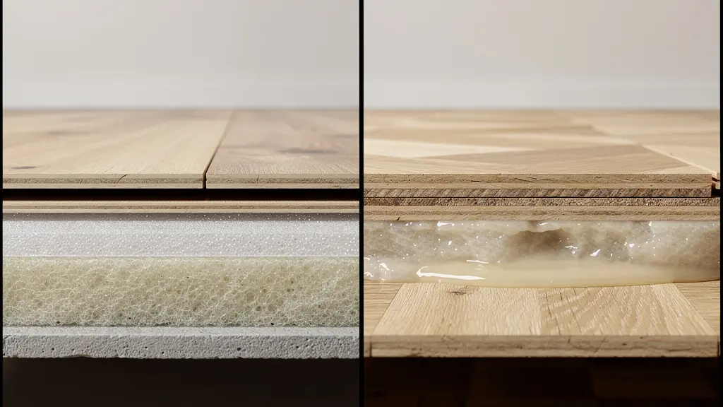 Comparación visual de instalación de tarima flotante y parquet encolado con capas de aislamiento acústico en un piso entre plantas