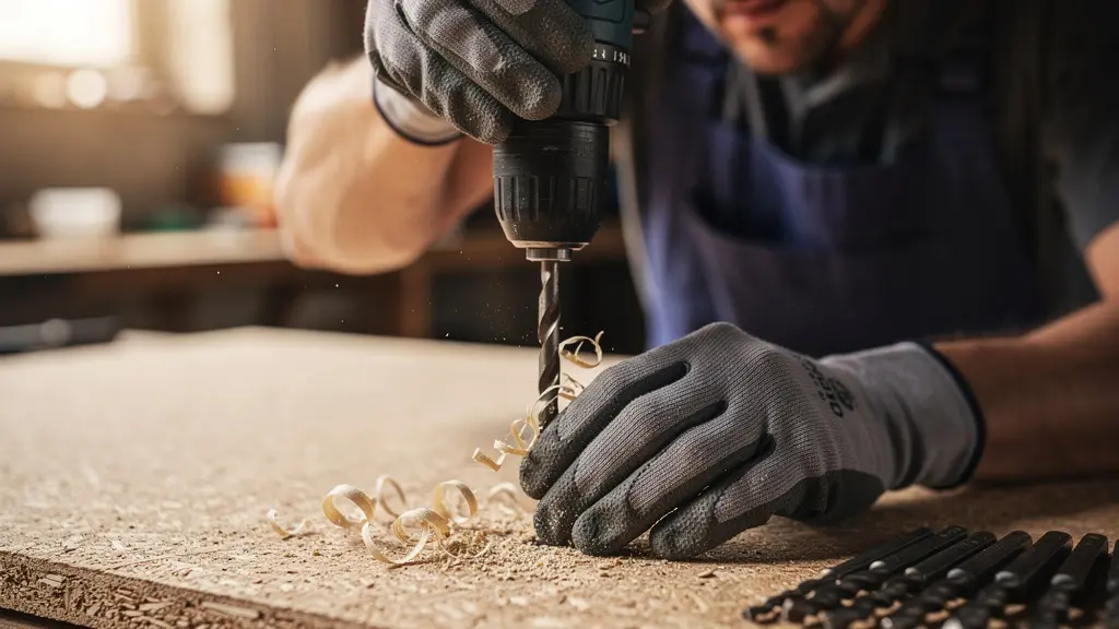 Proceso paso a paso de pre-taladrado en aglomerado mostrando agujero guía y tornillo