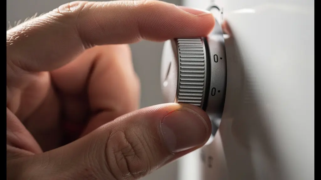 Mano ajustando termostato de calentador de agua mostrando temperatura de 45 grados