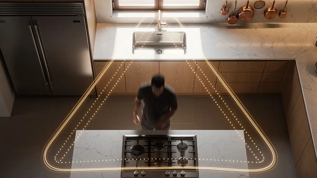 Vista aérea de cocina mostrando el triángulo de trabajo entre nevera, fregadero y placa con líneas imaginarias