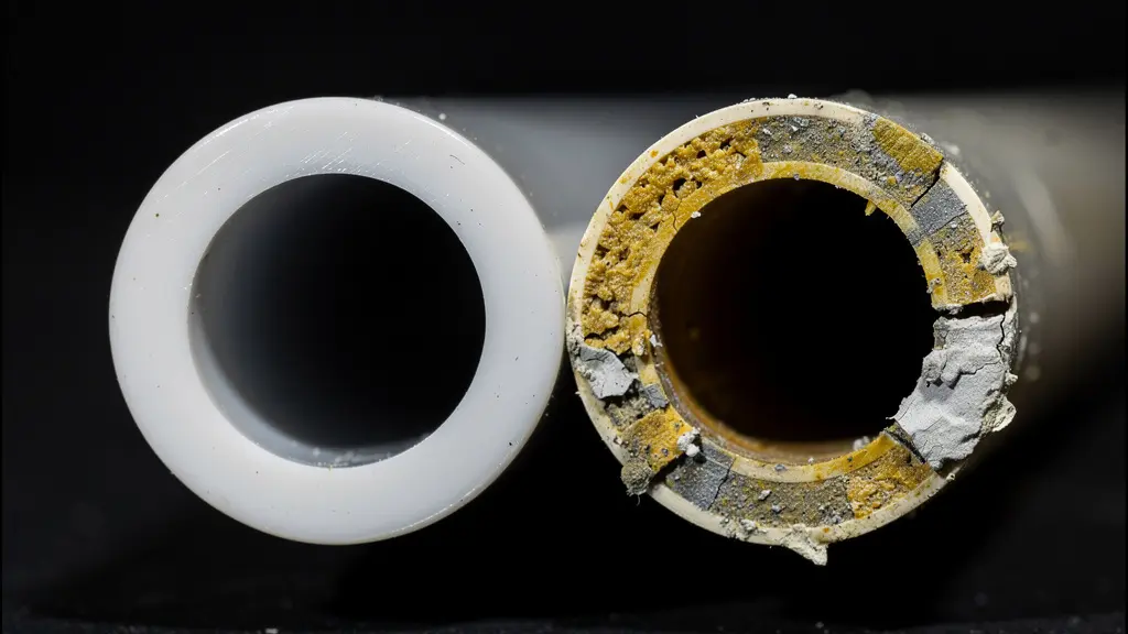 Comparación visual de tubería PVC intacta y dañada por productos químicos