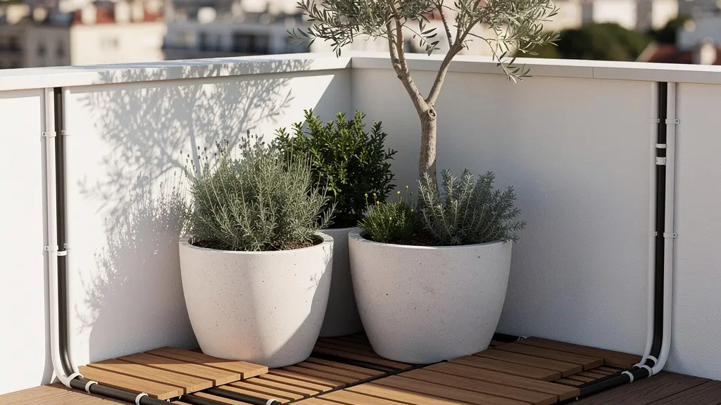 Terraza con tuberías de riego cubiertas con canaletas decorativas y plantas que demuestran una integración estética y funcional.