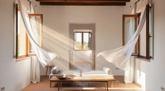 Interior de vivienda mostrando corrientes de aire fluyendo desde ventanas opuestas con efecto refrescante