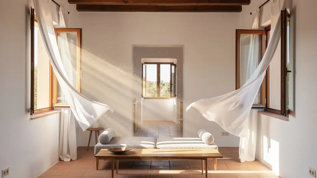Interior de vivienda mostrando corrientes de aire fluyendo desde ventanas opuestas con efecto refrescante